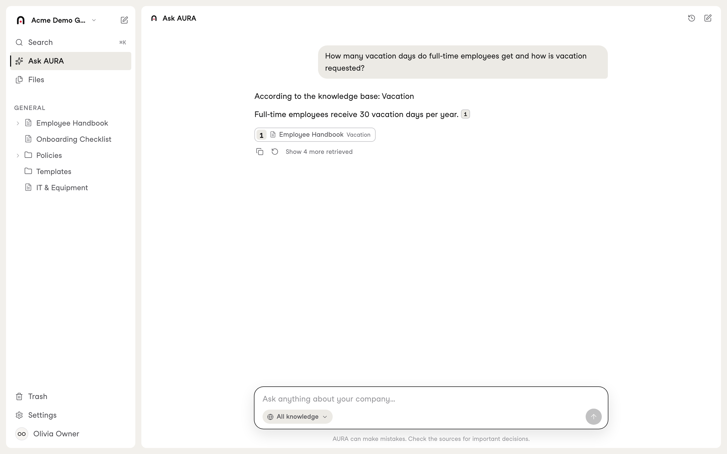 AURA Pilotversion: Chat mit Quellen