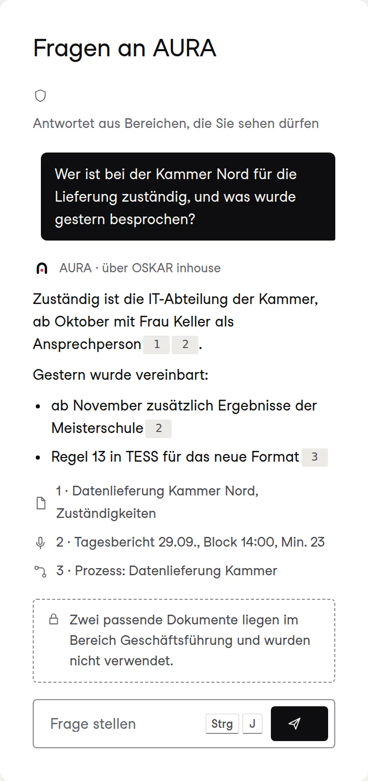 Fragen an AURA: Antwort mit Fußnoten zu Wiki-Seite, Tagesbericht und Prozess, mit Hinweis auf nicht verwendete Dokumente