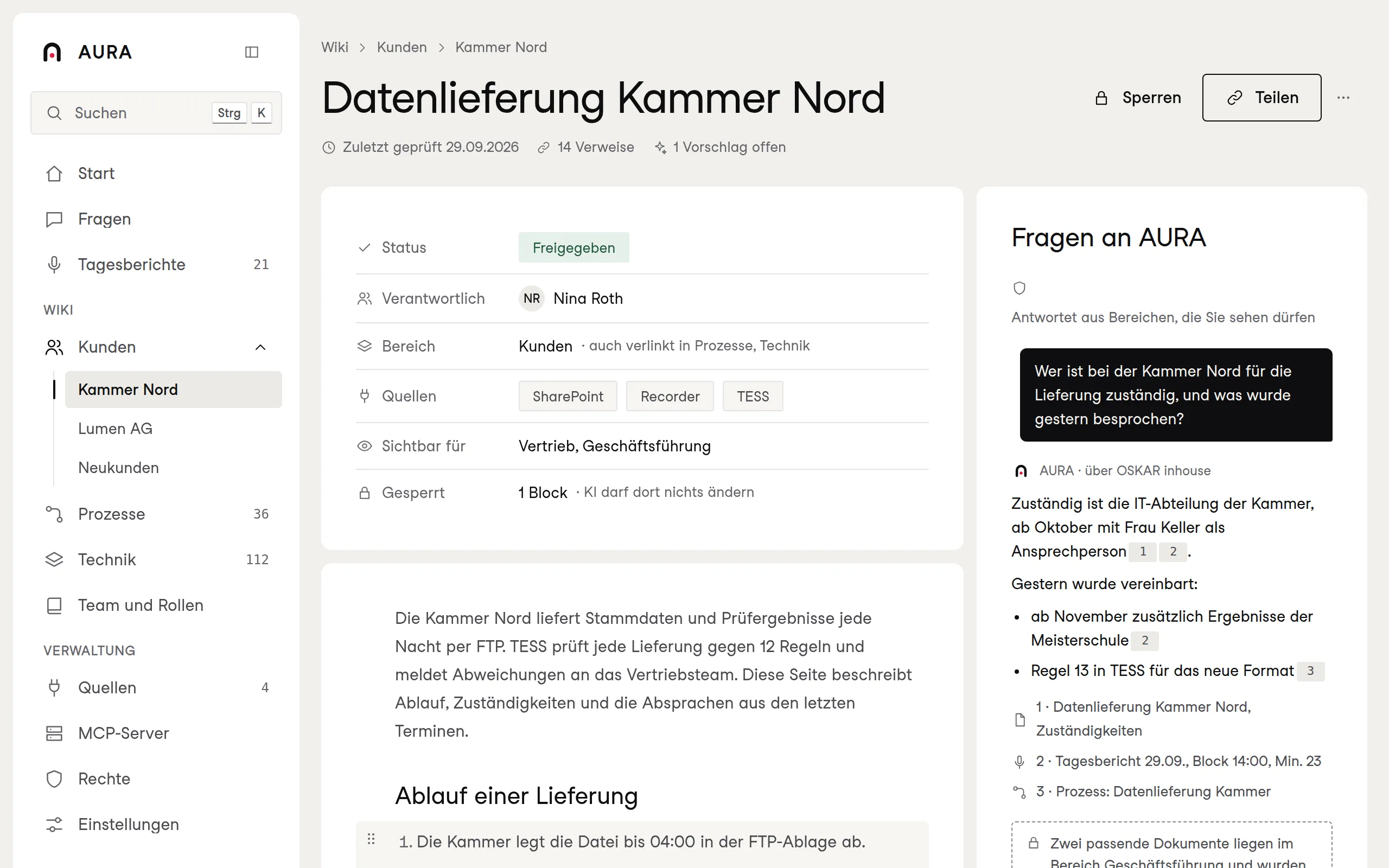 AURA: Wiki-Seite Datenlieferung Kammer Nord mit Eigenschaften, gesperrtem Block und dem Chat Fragen an AURA